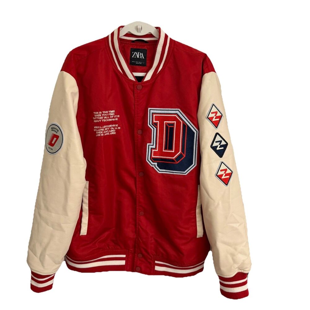 Zara Varsity Bomber Jacket Mens XL Red Cream Letterman Patches Snap Front Y2K